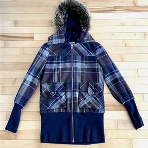 Plaid Wool Blend Jacket with Faux Fur Hood
